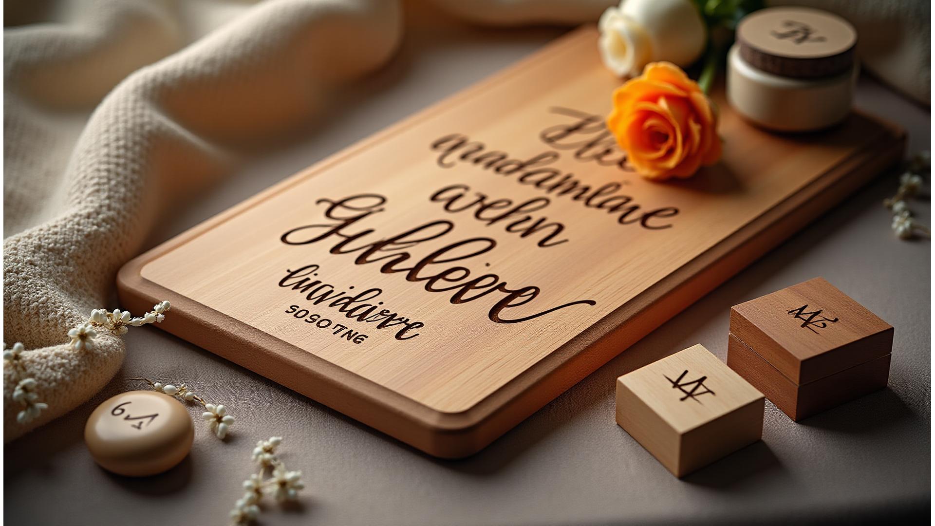Variety of personalized wooden gifts: an engraved cutting board with a family name, a delicate wooden sign with a wedding date, and a custom wood map.