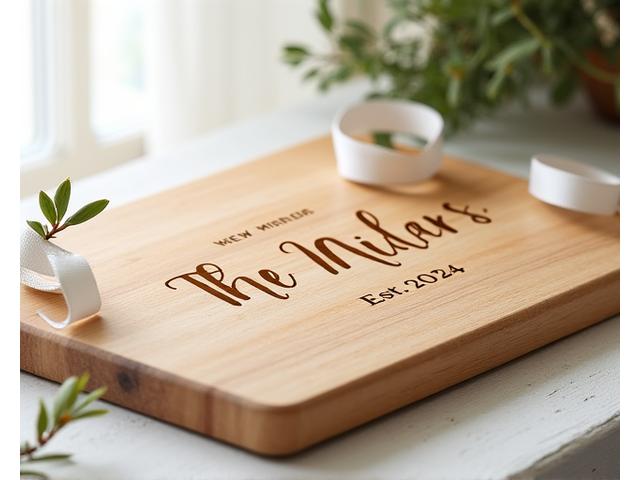 A personalized wooden cutting board displayed on a rustic kitchen island, engraved with a new couple's names and wedding date, adorned with a decorative ribbon.